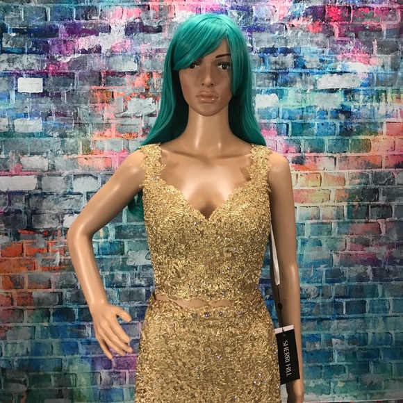 SHERRI HILL #51192 2pc ✨Gold✨ Lace Gown! - Picture 3 of 8